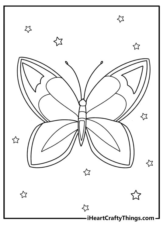 Printable coloring image for kids featuring cute butterfly with pointy and sharp wings