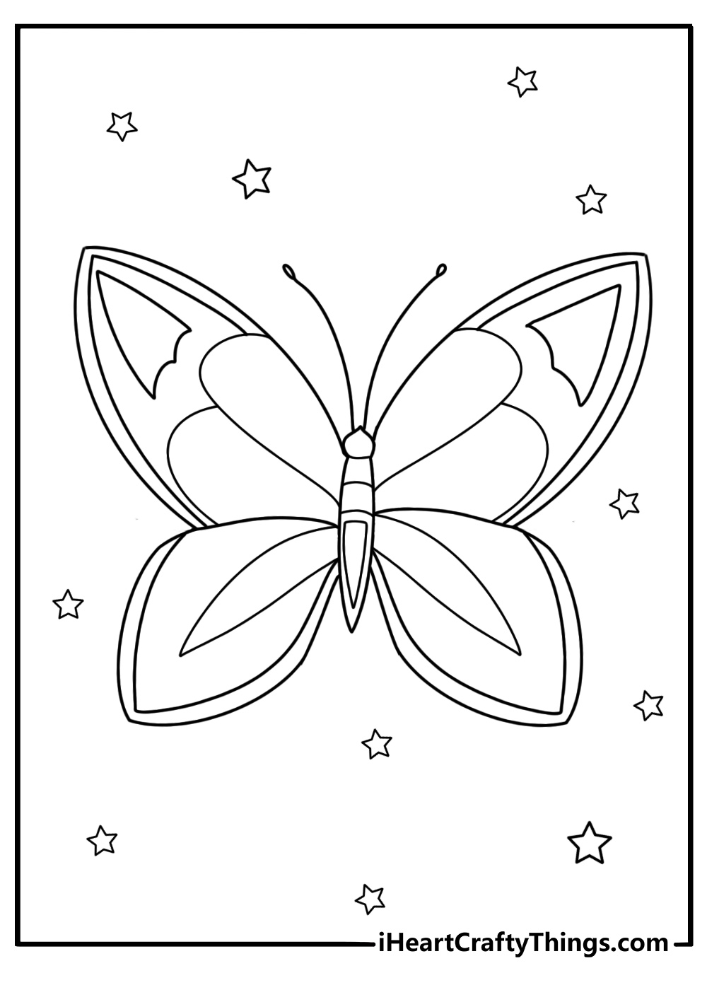 Printable coloring image for kids featuring cute butterfly with pointy and sharp wings
