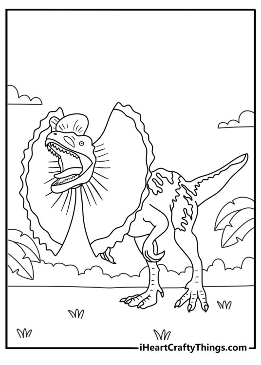 Printable coloring page of a dilophosaurus among tall jungle plants