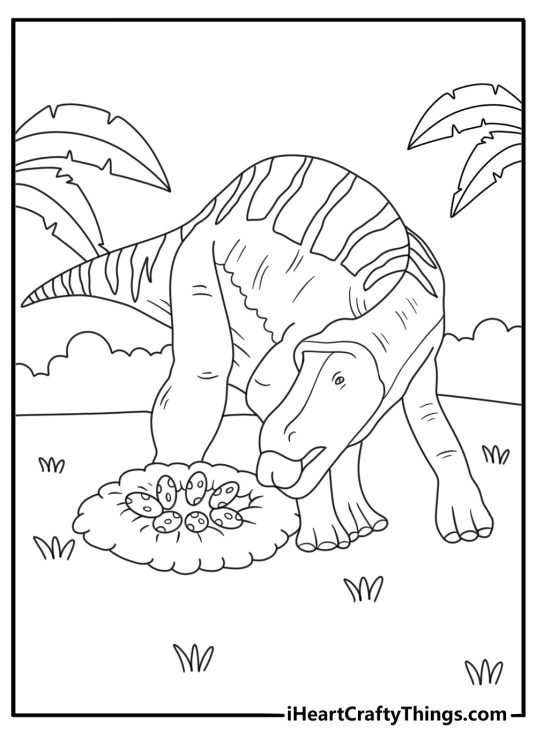 Printable coloring page of a maiasaura caring for a nest