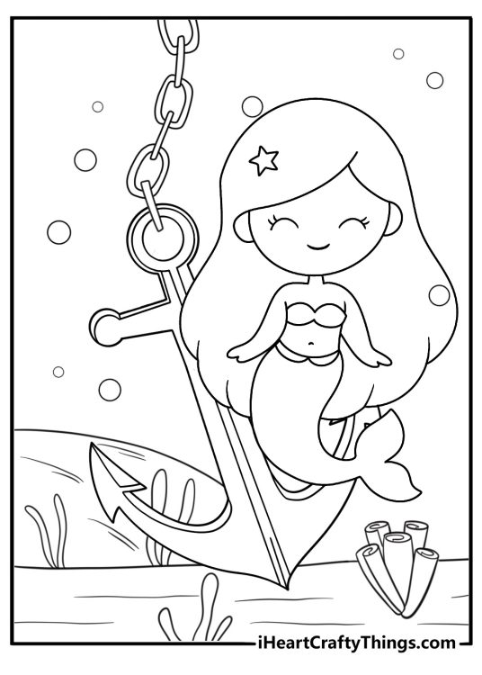 Printable coloring page of a mermaid finding a lost anchor