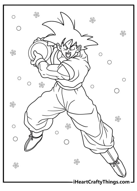 Printable coloring page presenting powerful Goku in fighting stance with bubbles and snowflakes all around