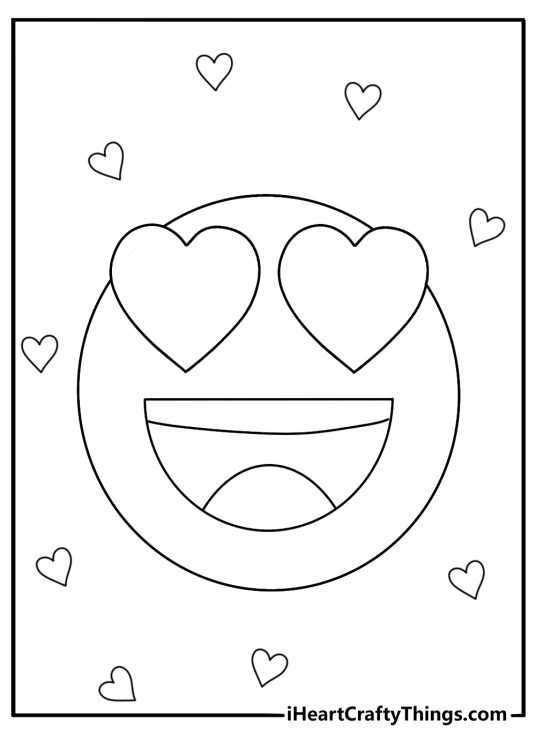 Printable coloring sheet depicting smiling emoji with heart eyes and heart shapes all around it
