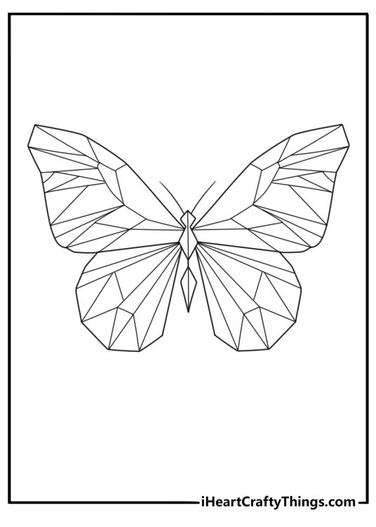 Printable coloring sheet for children showing butterfly with mosaic design wings