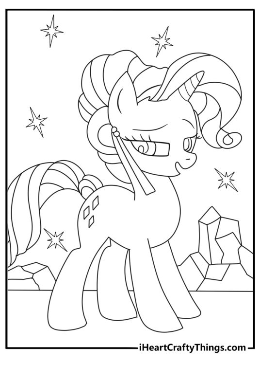 Printable coloring sheet of a crystal pony walking through shining crystal streets