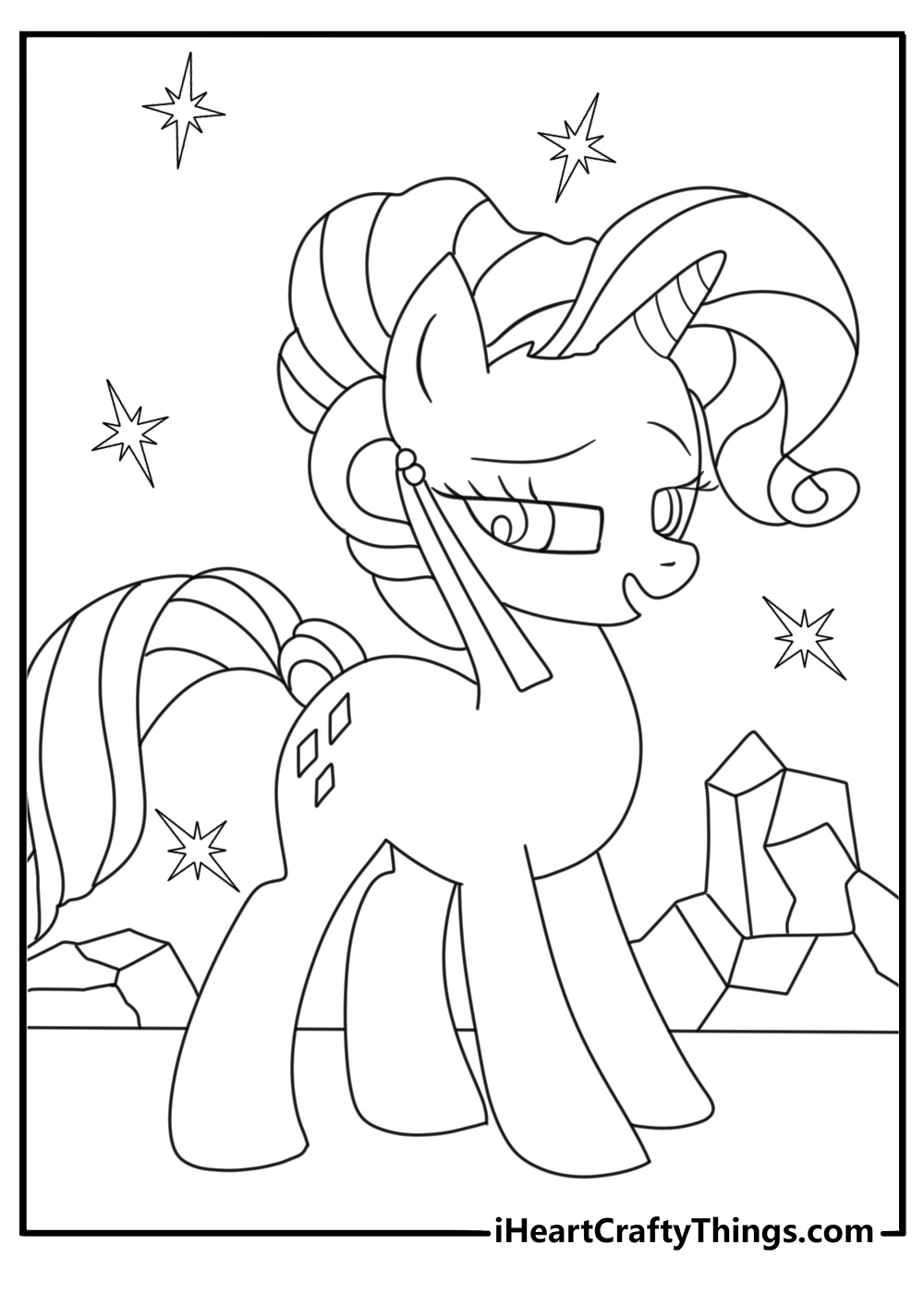 Printable coloring sheet of a crystal pony walking through shining crystal streets