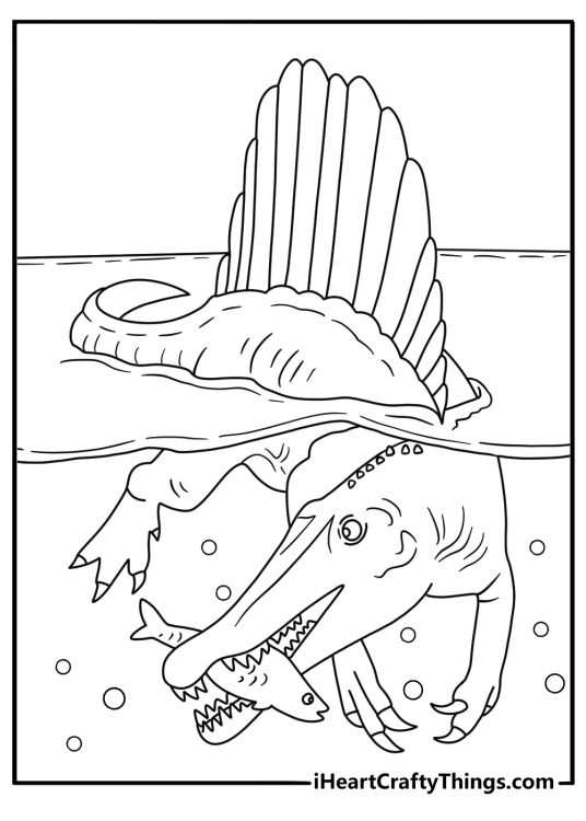 Printable dinosaur coloring page with a spinosaurus fishing in a river