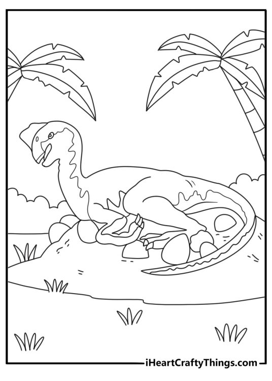 Printable dinosaur coloring page with an oviraptor near a nest