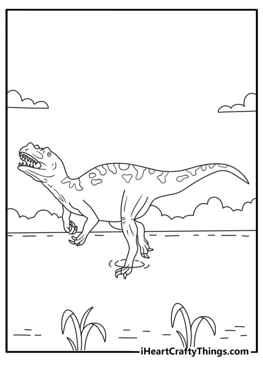 Printable dinosaur coloring sheet with a ceratosaurus crossing a shallow stream