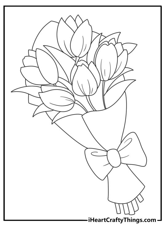 Printable floral bouquet coloring sheet with detailed flower designs