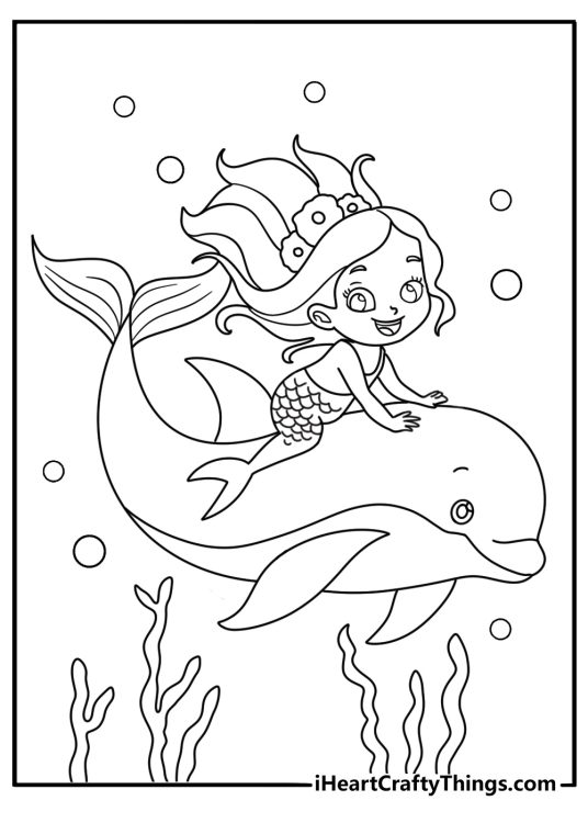 Printable mermaid coloring page with a mermaid riding a dolphin