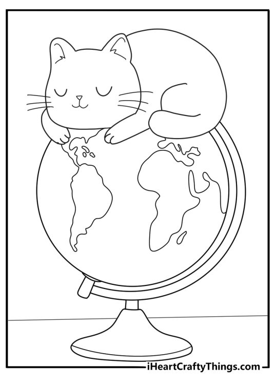 Printable page featuring cheerful cat laying on a globe which he probably knocked over to play with