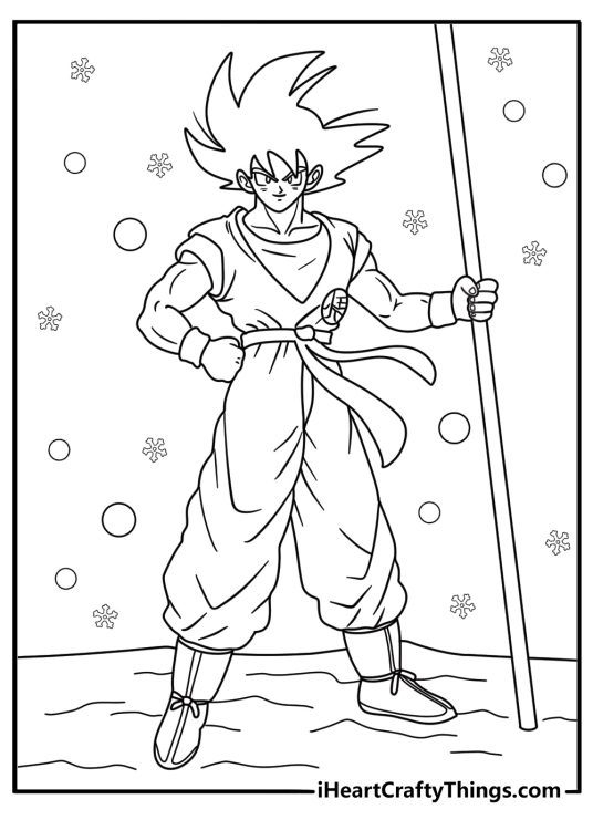Printable pdf depicting Goku holding power pole surrounded with bubbles and snowflakes in the background