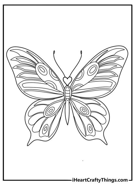Printable picture of a highly detailed butterfly with tiny head in the shape of a heart