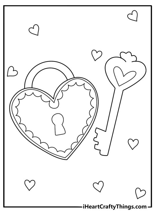 Printable picture to color featuring heart shaped lock and a key surrounded by little hearts