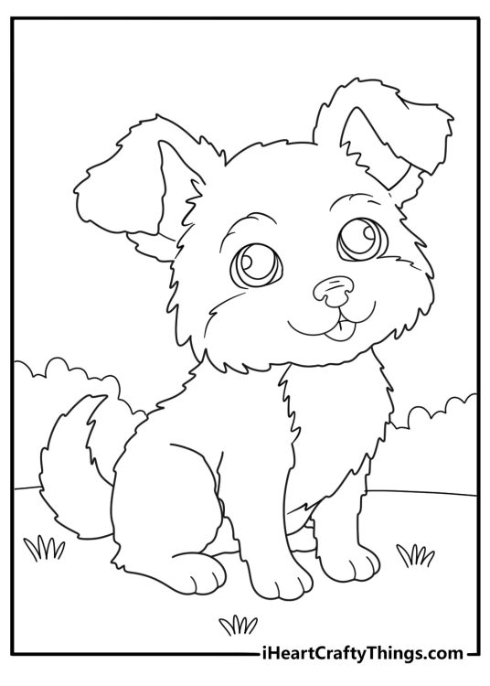 Printable sheet featuring sitting dog with big ears long tail and a distinctive pattern in his furry coat