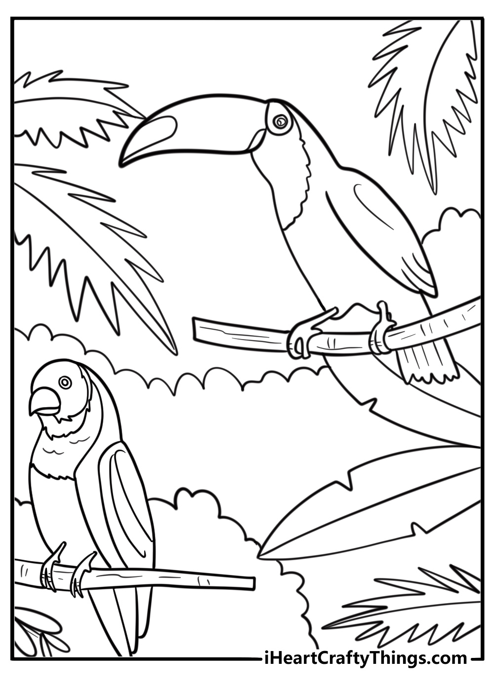 Printable summer coloring sheet with tropical birds sitting on a jungle branch
