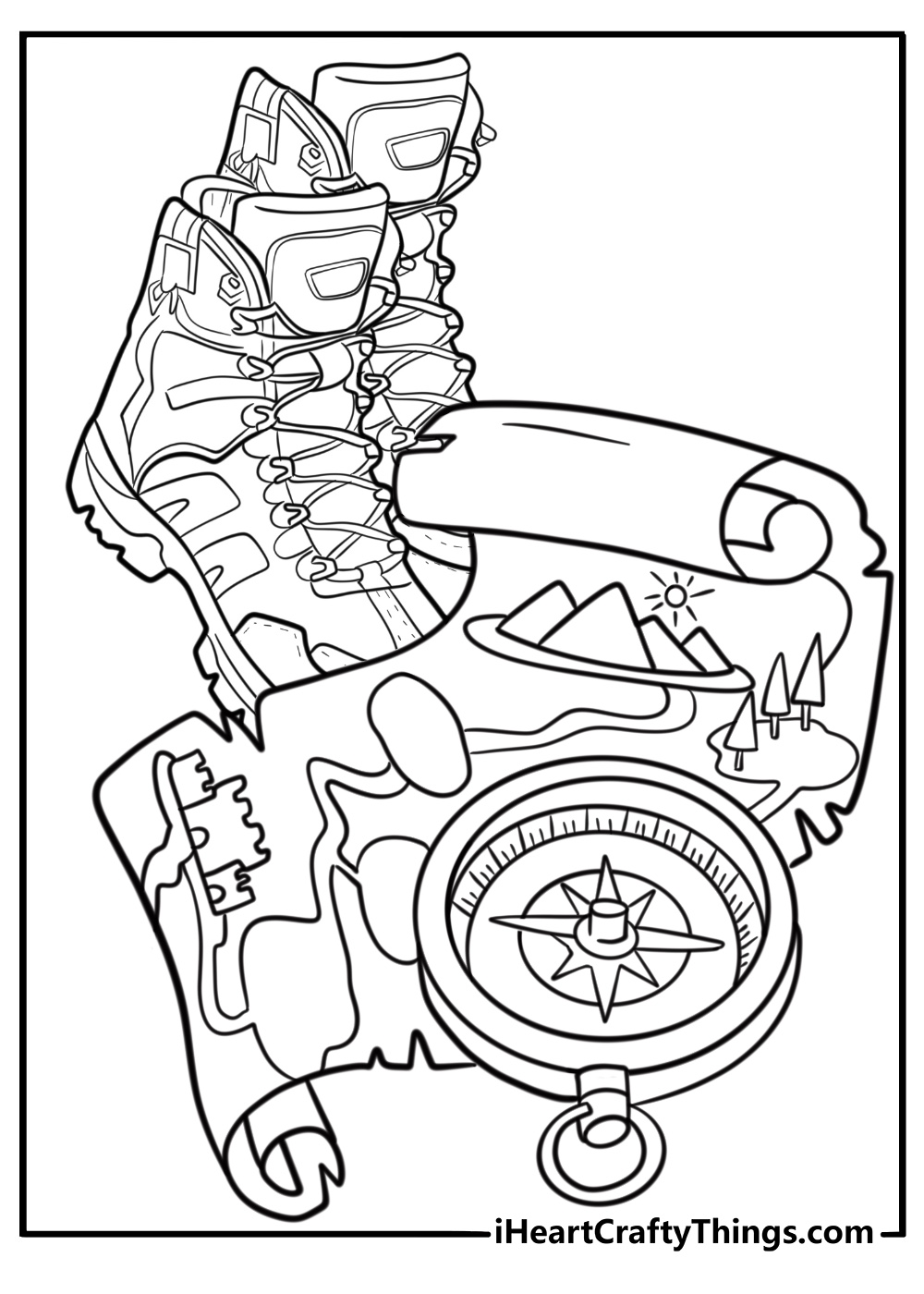 Printable summer vacation coloring page with a map, compass, and travel gear