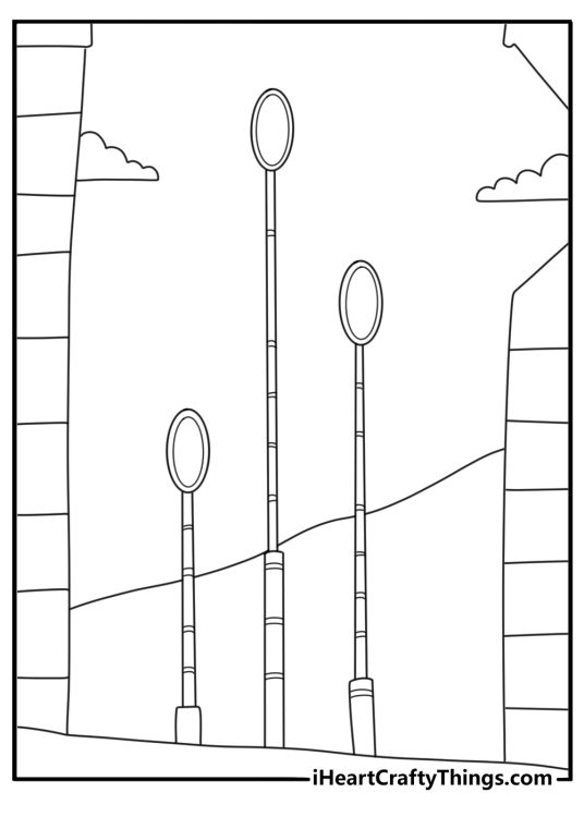 Quidditch goal hoops on field with clouds sports coloring page for kids