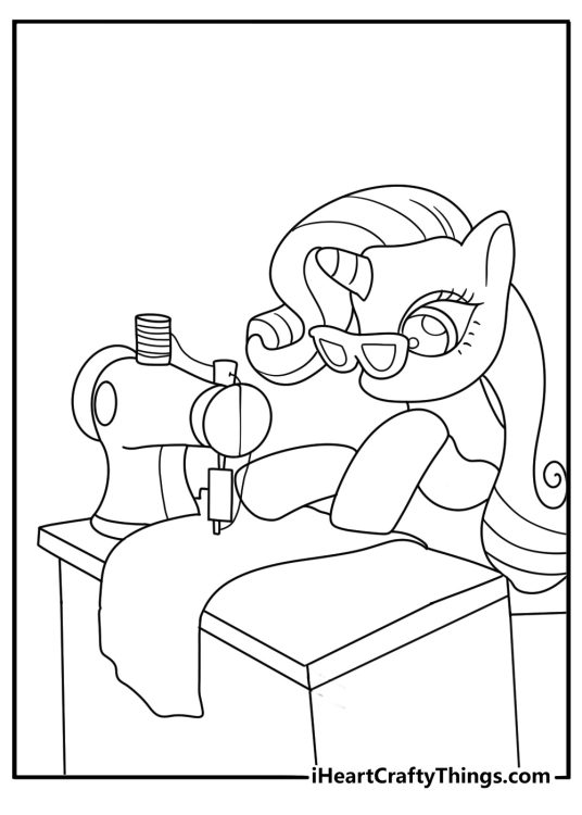 Rarity coloring page for kids with a unicorn pony sewing a dress in her boutique