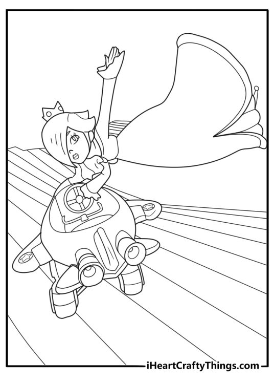 Rosalina gliding over Rainbow Road under starry sky printable coloring sheet pdf