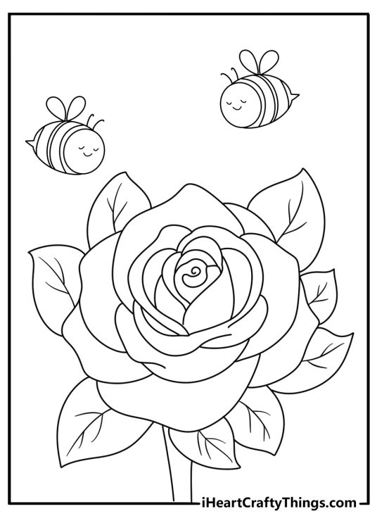 Rose and bees cartoon style coloring page