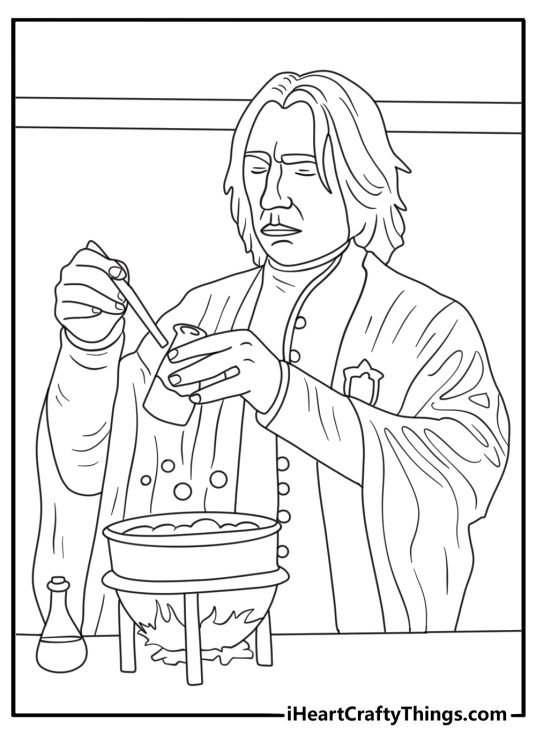 Severus Snape with potion vials and classroom shelves adults coloring page