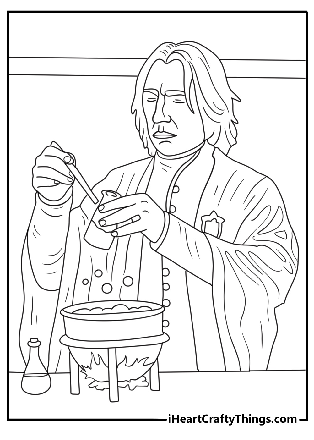 Severus Snape with potion vials and classroom shelves adults coloring page