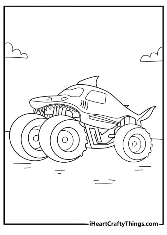 Shark monster truck coloring pages with open jaw front grille design