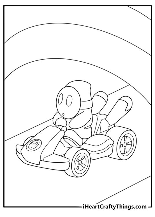 Shy Guy racing a lightweight kart through tunnel course printable easy coloring page