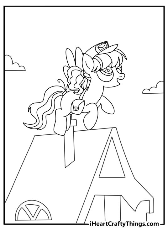Simple coloring page of Derpy Hooves carrying mail over Ponyville roofs