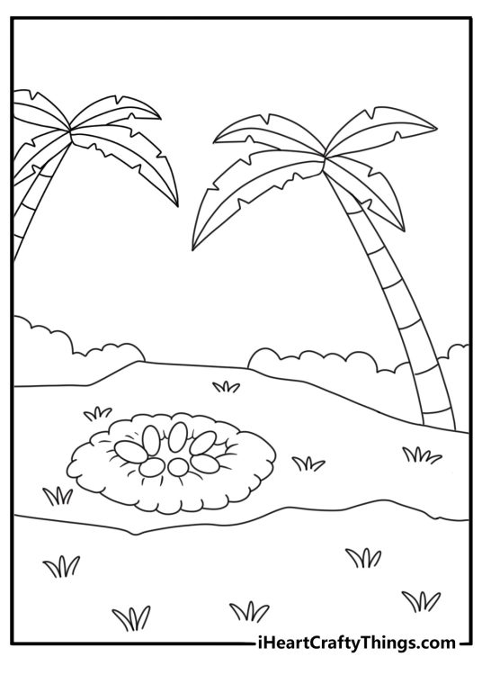 Simple dinosaur coloring page with a dinosaur nest beside palm leaves