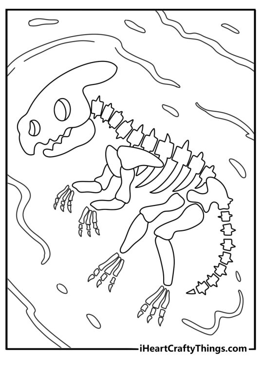 Simple dinosaur coloring sheet with dinosaur bones in a fossil dig