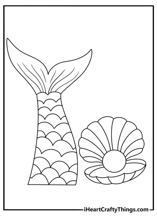 Simple mermaid coloring sheet with a mermaid tail and sea shells