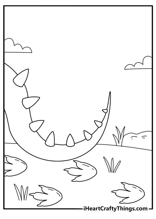 Simple printable dinosaur coloring sheet with a dinosaur tail and paw prints