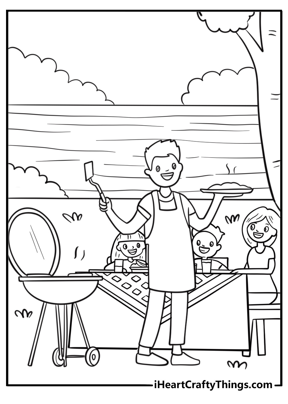 Simple summer coloring page showing a family barbecue with grill and picnic table