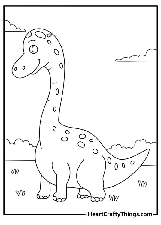 Smiling dinosaur in a prehistoric landscape printable coloring page for children