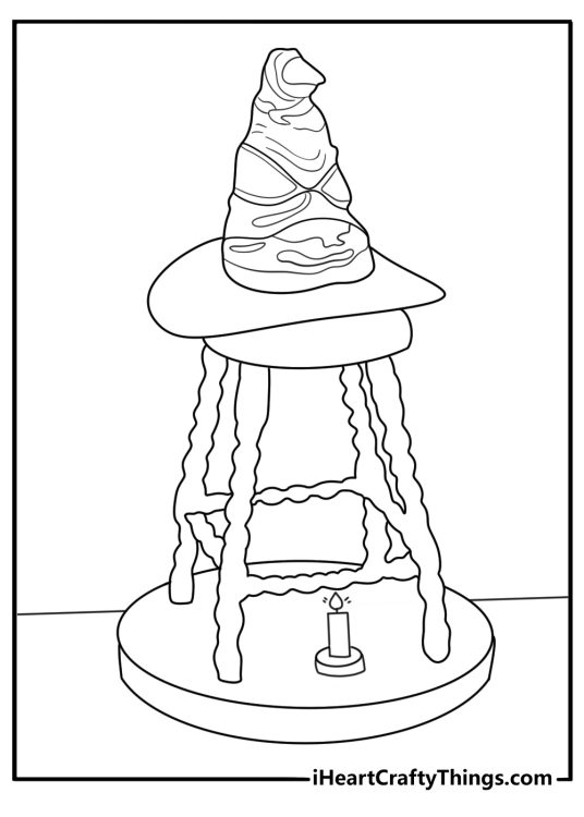 Sorting Hat on wooden stool with candles easy coloring page for kids