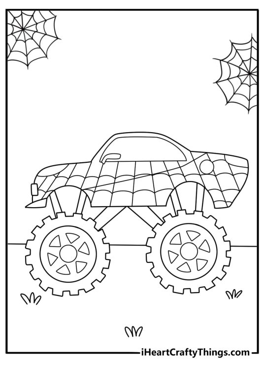 Spiderman monster truck coloring pages with web pattern design on body