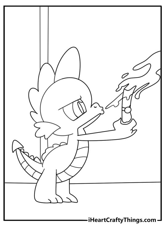 Spike my little pony coloring page with the little dragon sending a scroll with fire breath