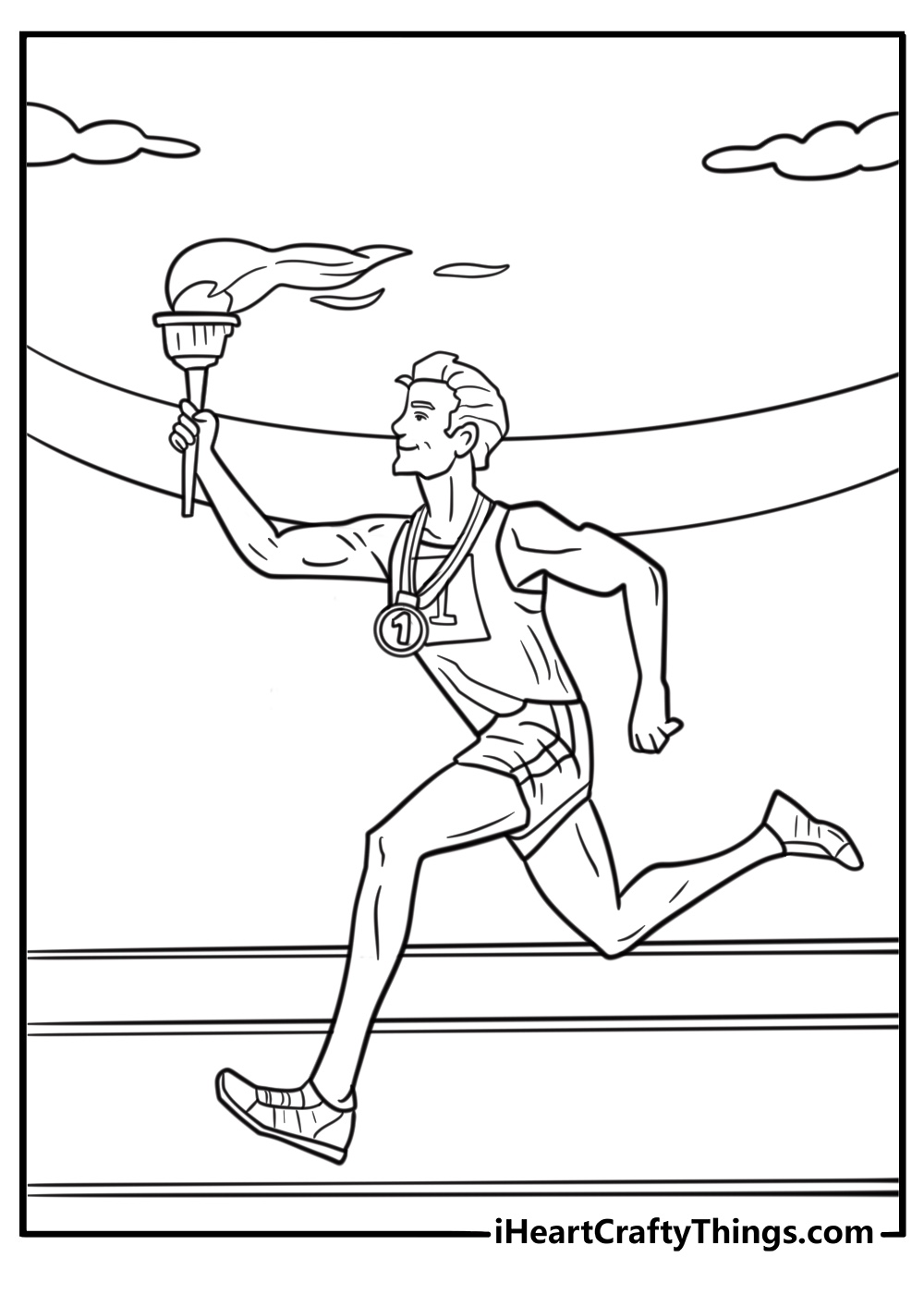 Summer Olympic coloring page with torch, medal, and athletes running on a track