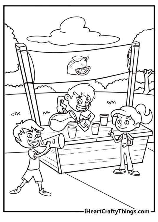 Summer coloring page for kids showing lemonade stand with children serving drinks