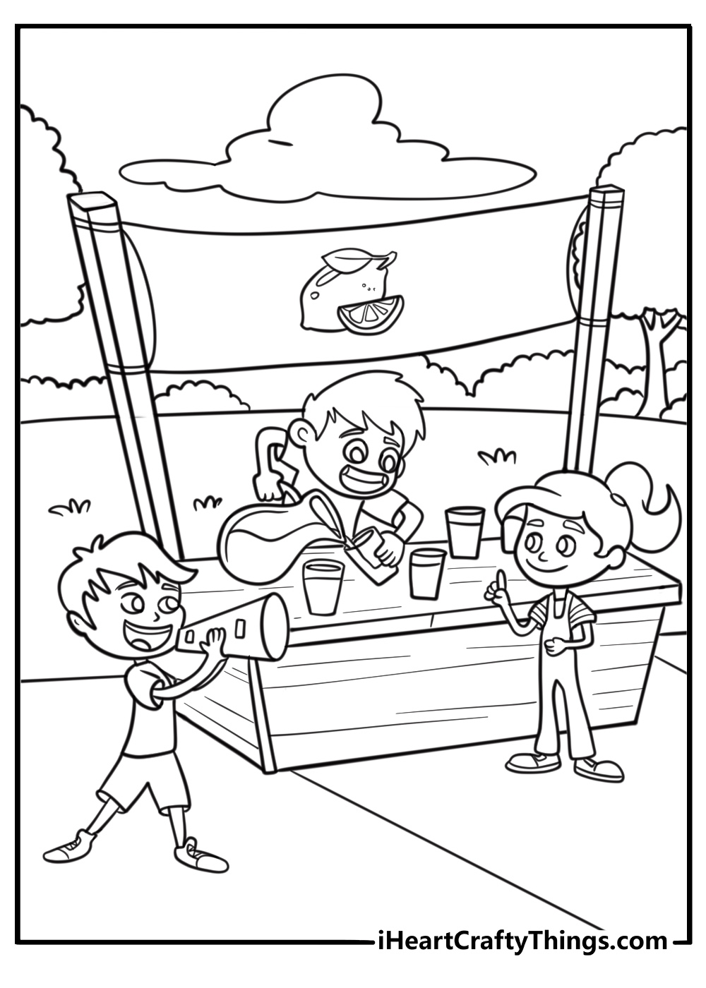 Summer coloring page for kids showing lemonade stand with children serving drinks