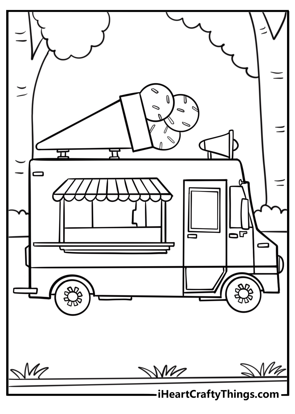 Summer ice cream coloring page showing an ice cream truck parked at a park
