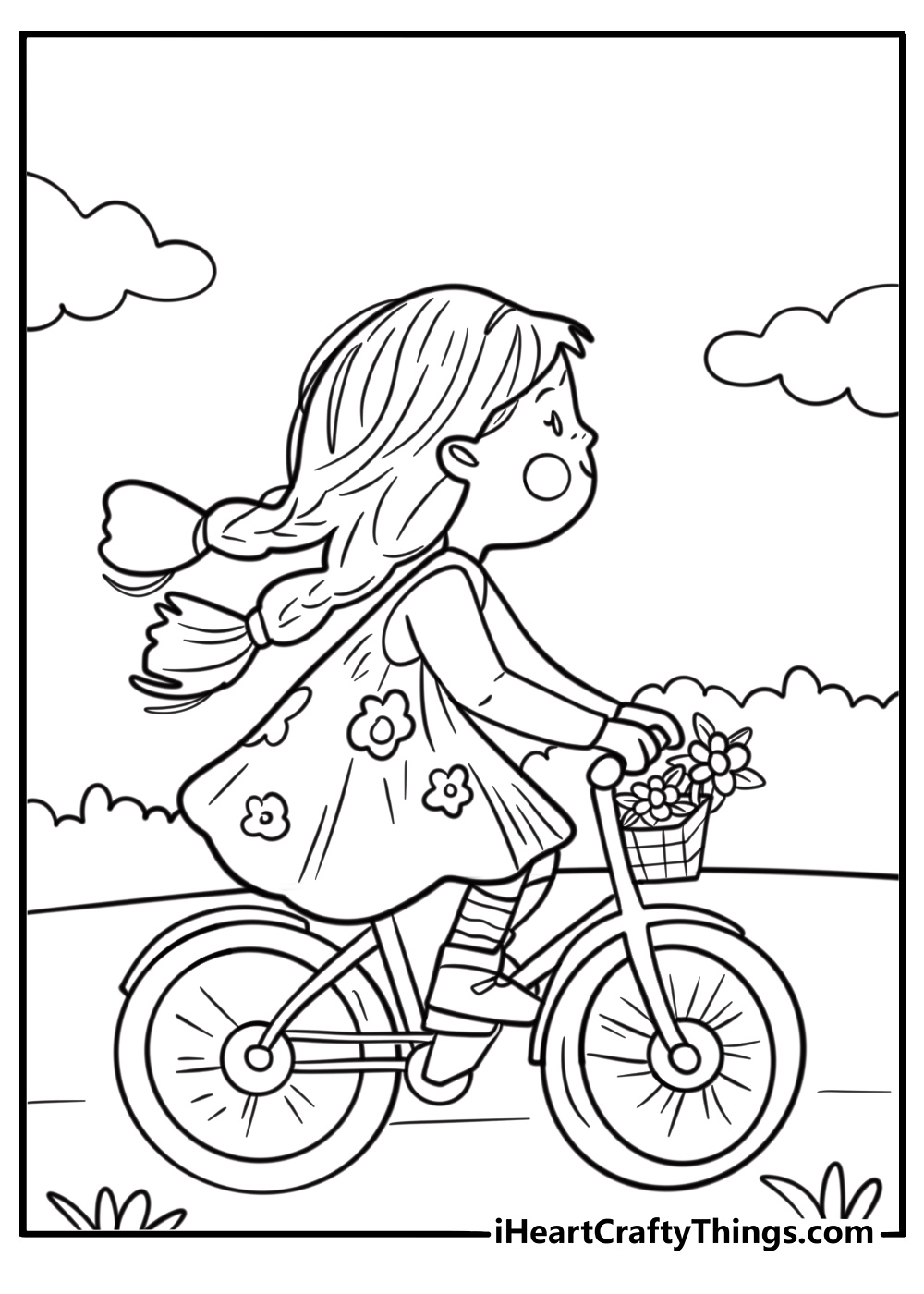 Summer themed coloring sheet of a girl riding a bicycle with a basket of flowers