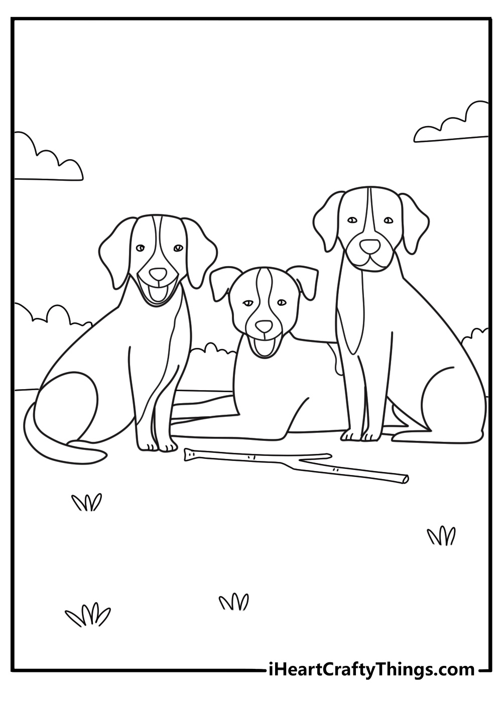 Three Dogs Playing With Large Stick