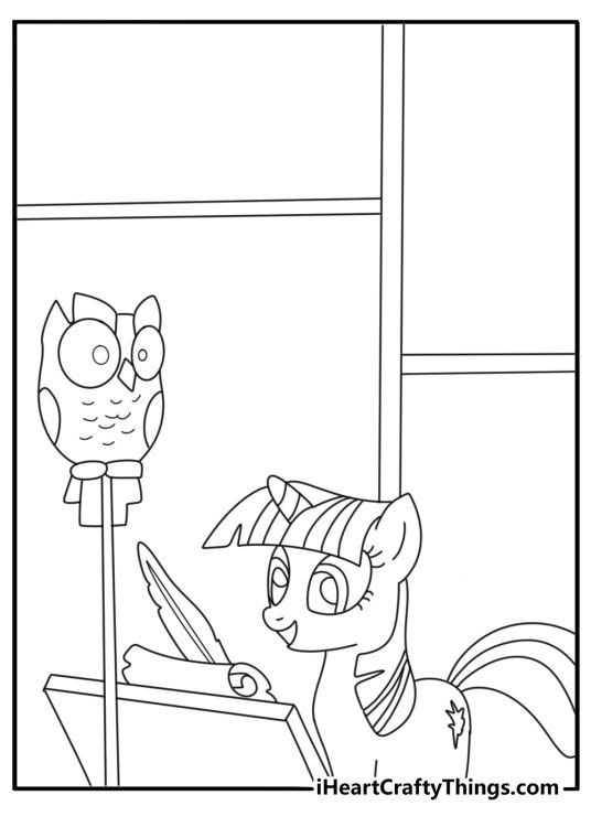 Twilight my little pony coloring page with a unicorn pony writing a letter beside an owl