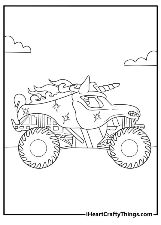 Unicorn monster truck coloring page with horn on hood and flowing mane detail