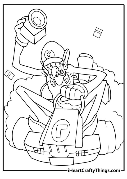 Waluigi sliding on anti gravity section with glowing wheels detailed coloring sheet