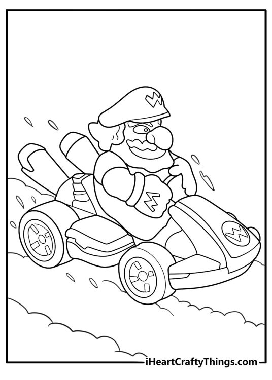 Wario powering through muddy track with big tires simple coloring page to download